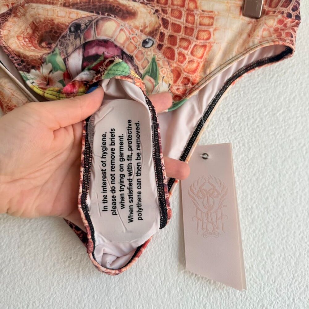 We Are HAH Bottoms Up High Rise Big Mouth Snake Print Bikini Bottoms size M NWT - Picture 7 of 13